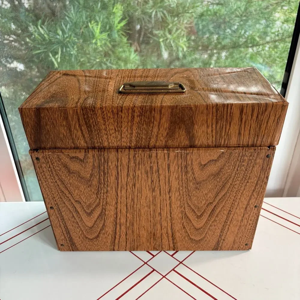 Vintage 1970s Ballonoff Porta File Metal Lock Box Faux Woodgrain w Key